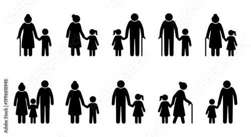 Foto Family Icon Set, Generation Silhouettes, Parent Child Figures, Grandparent Relat