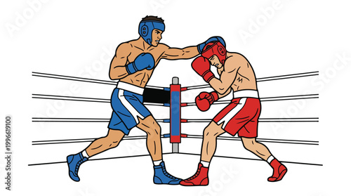 Vivid cartoon illustration of two boxers in a boxing ring exchanging punches during a tense match