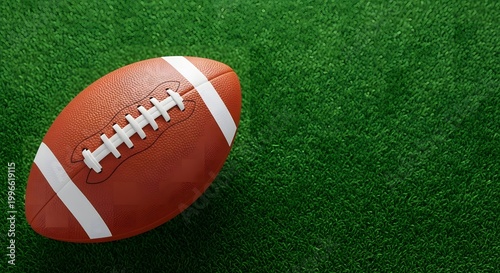 American Football Ball on Green Grass Field Background, Sports Concept, Top View