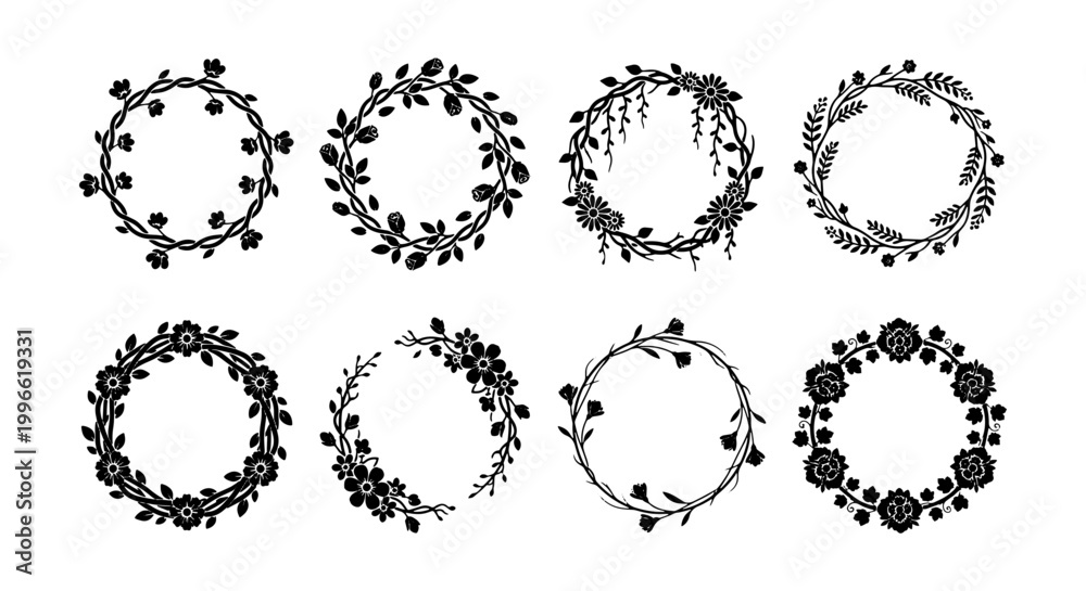 Fototapeta premium Minimalist Black And White Wreath Icon Set