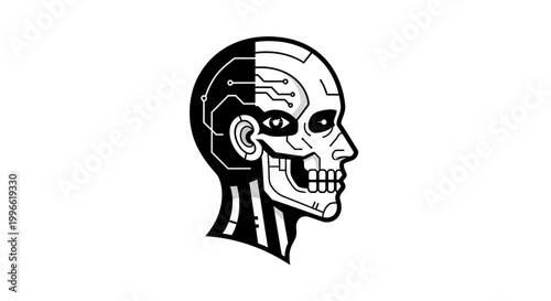 Human Head Half Robot Half Skull Cyborg Technology AI Future Concept