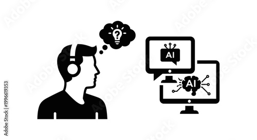 Man with headphones thinking about AI and computer technology