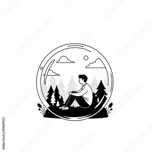 Man Sitting Inside Snow Globe with Forest Landscape, Contemplation