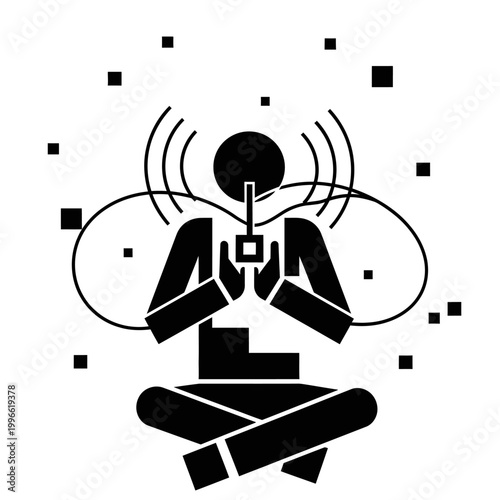 Mind Control Technology Concept: Person Meditating with Digital Interface and Data Flow