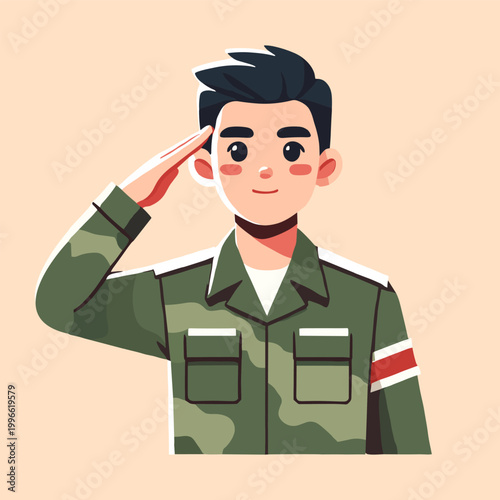 Flat Illustration of Young Man in Military Uniform Giving a Salute on Peach Background