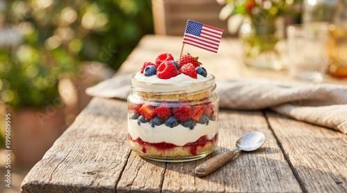 Patriotic Red White and Blue Berry Trifle in Mason Jar with American Flag for Fourth of July Picnic