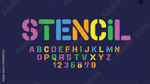 Multicolored stencil font display showing uppercase letters and numbers with rounded edges in pink, green, blue, orange, and yellow colors set against a solid dark navy blue background, for typography