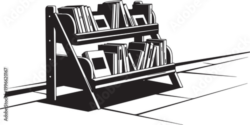 Black and white magazine rack, newspaper stand illustration, book display, media holder