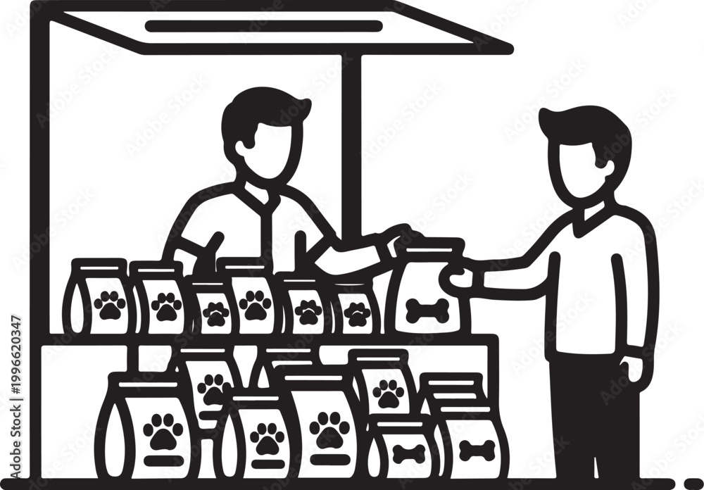 Fototapeta premium Pet food, dog food, pet store, shopping, black and white illustration, vector graphics, pet supply