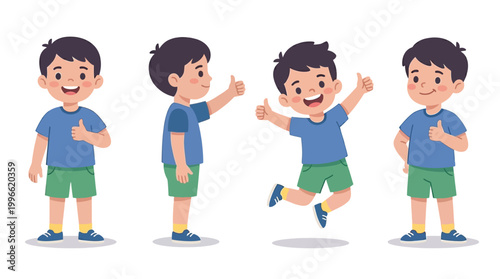 Schilderij op canvas Boy Thumbs Up Color Vector Set – 4 Cute Positive Gesture Illustrations in Clean