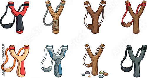 Set of Various Slingshot Vector Illustrations in Different Designs for Outdoor Play, Toys, and Adventure Themes