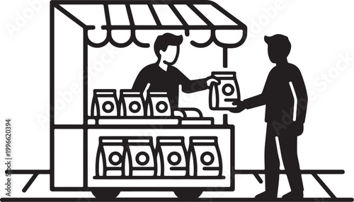 Vector illustration of man buying photo from street vendor, black and white, simple line art