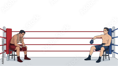 Two boxers clash in a boxing ring under bright arena lights, one resting in the corner while the other presses attack