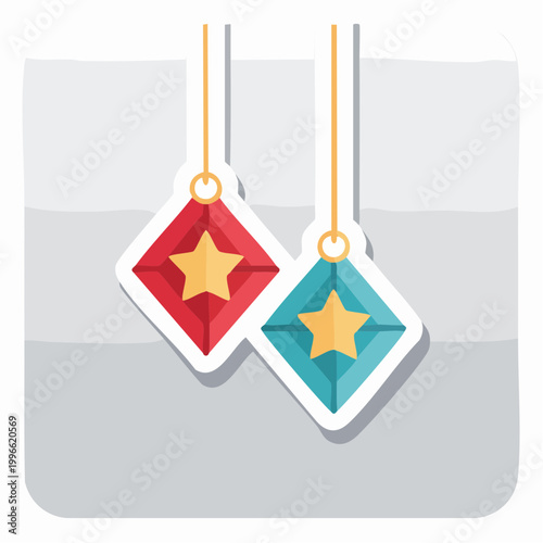 Two hanging diamond-shaped ornaments with stars