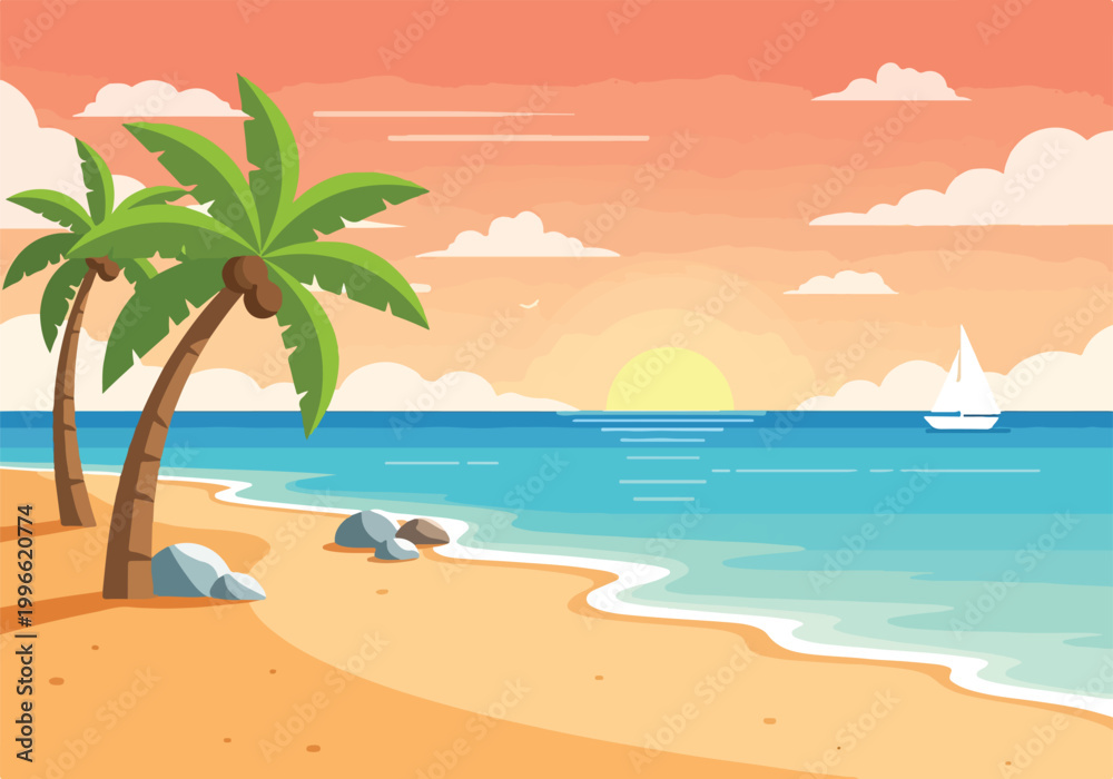 Obraz premium A serene beach scene with palm trees at sunset