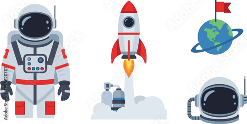 Astronaut and rocket ship icons represent space exploration themes and futuristic scientific discovery concepts.
