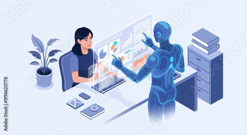 Robot and woman working together on computer.