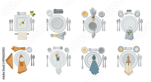 Set of Elegant Cartoon Table Setting Arrangements with Plates Napkins Cutlery and Floral Decorations