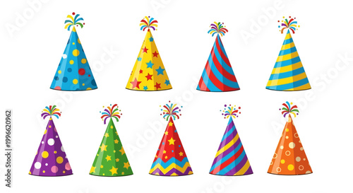 Set of Colorful Cartoon Party Hats with Stars Dots Stripes and Firework Toppers in Flat Design