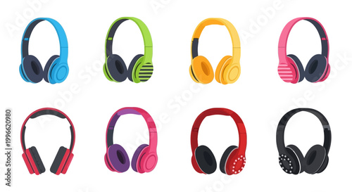 Set of Colorful Cartoon Headphones in Blue Green Yellow Pink Red Purple Black with Modern Design