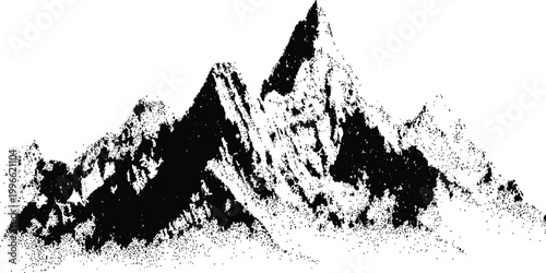 Abstract stipple mountain peak landscape vector illustration with black and white dot work texture for nature backgrounds.