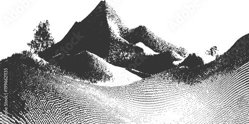 Hand drawn dot work mountain range vector illustration with abstract stipple texture for outdoor adventure graphic designs. 