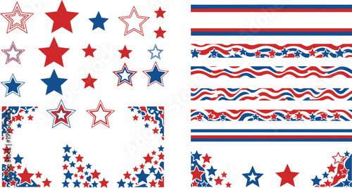 Stars and stripes design elements feature various patriotic shapes and decorative borders for national holiday projects.