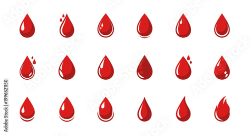 Set of Shiny Red Blood Drop Droplets in Various Cartoon Styles with White Highlights Flat Vector Design