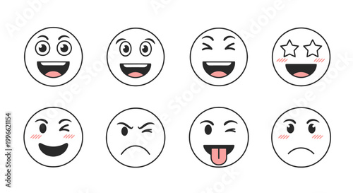 Set of Cartoon Emojis with Happy Winking Star Eyes Angry and Tongue Out Expressions Flat Design