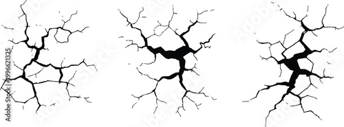 Set of realistic black silhouettes of wall cracks and earth fissures from earthquake damage vector illustration.