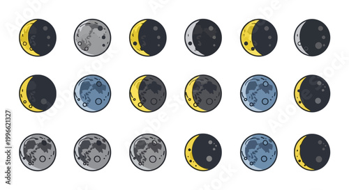 Set of Cartoon Moon Phases in Yellow Gray and Blue Colors with Craters Flat Vector Design