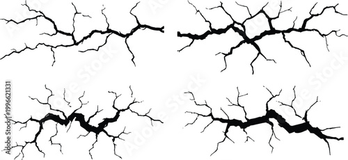 Set of realistic black silhouettes of wall cracks and earth fissures from earthquake damage vector illustration.
