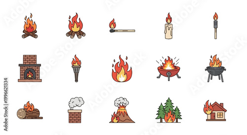 Set of Cartoon Fire Heat Icons Campfire Candle Match Torch Bonfire Grill Fireplace Volcano Burning House Forest Flat Vector Design
