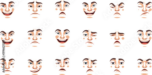 Facial expression icons vector set with human emotions happy sad angry surprised and neutral faces for character design psychology and UI applications