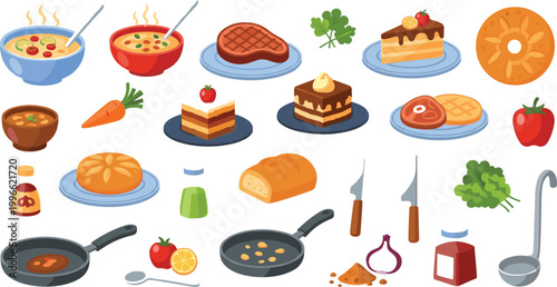 Food and cooking ingredients vector set with meals desserts fruits kitchen utensils and cookware for recipe design restaurant menus and culinary illustration