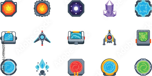 Game UI elemental icons vector set with fire water energy crystals portals and futuristic devices for sci fi and fantasy game interface design