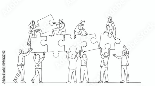 Continuous line drawing of people assembling giant puzzle pieces, teamwork and unity concept, hand drawn vector illustration