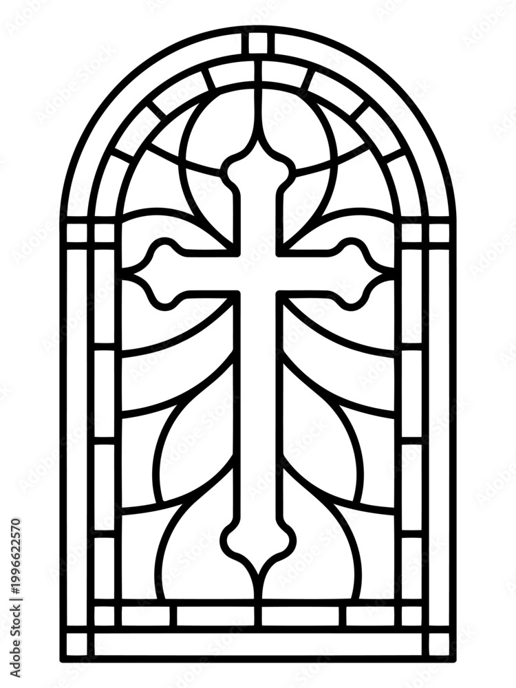 Fototapeta premium Sacred Light: A stained-glass window in the form of a cross, a symbol of faith and hope, shines with an inner light, representing the eternal.