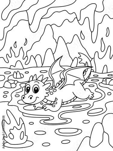 Fantasy Dragon: a dragon illustration, the playful dragon in a mythical landscape, lines illustration in an exciting adventure. 