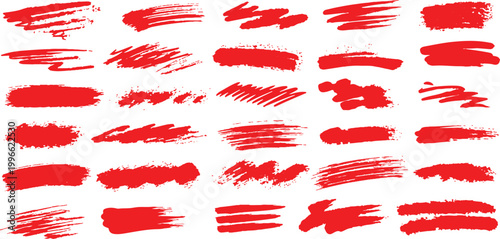 Set of red paint brush strokes and grunge texture swatches collection vector illustration for creative background design.