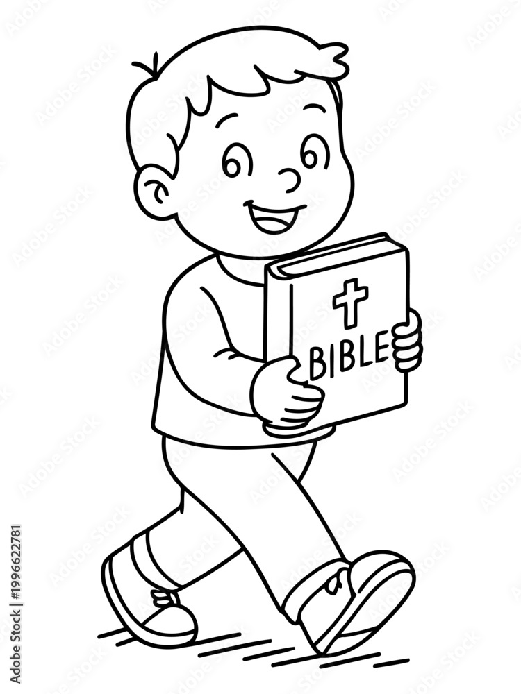 Fototapeta premium Child with Bible: A young boy strides forward, clutching a Bible close, radiating a sense of faith and spiritual journey. Illustrated in monochrome, it signifies innocence, belief.