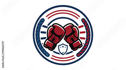 Circular boxing gloves emblem featuring red gloves inside a blue and red ring, bold sports logo