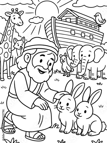 Noah's Ark: A cheerful illustration of the biblical story of Noah's Ark, showcasing a gathering of diverse animals.