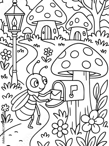 A Fairytale Letter: In a whimsical illustration, a cheerful insect delivers a letter, framed by mushroom houses and a quaint lamp post, all set within an enchanting forest path.