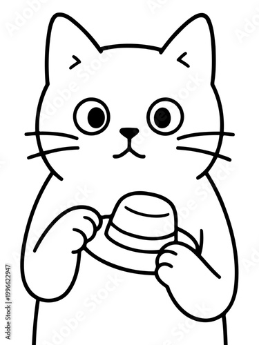 Whimsical Feline's Hat: A cute cartoon cat gazes at the viewer, holding a hat with anticipation and curiosity. A playful illustration that will bring joy
