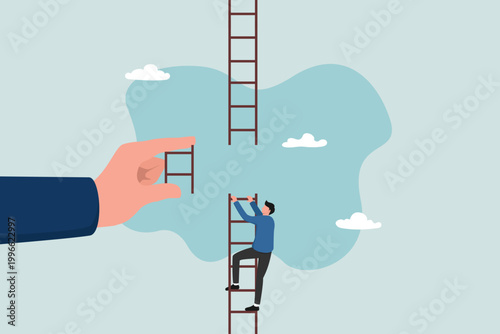Helping hand, business support to achieve career goals, the concept of entrepreneurs climbing to the top of a broken ladder with a big helping hand to connect and reach a higher position.