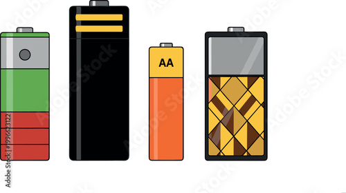 Various Types of Batteries Green Red Black Orange and Patterned Energy Cells Vector