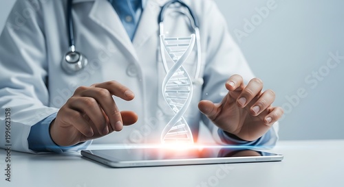 Doctor holding a DNA helix model above a tablet, representing medical research and genetic science
