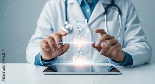 Doctor analyzing DNA helix with holographic display and tablet, representing medical research and biotechnology advancements