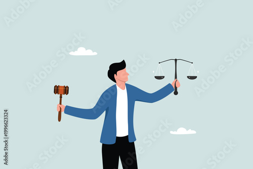 Legal verdict, judgement or law and justice, lawyer, attorney or ethics, lawsuit and jury concept, businessman attorney or lawyer holding gavel and equality scale on other hand.